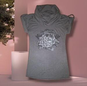"celebrity TO THE ONE LOVE" Cowl Neck Tee with Studded Strapling on Sleeve Cuffs